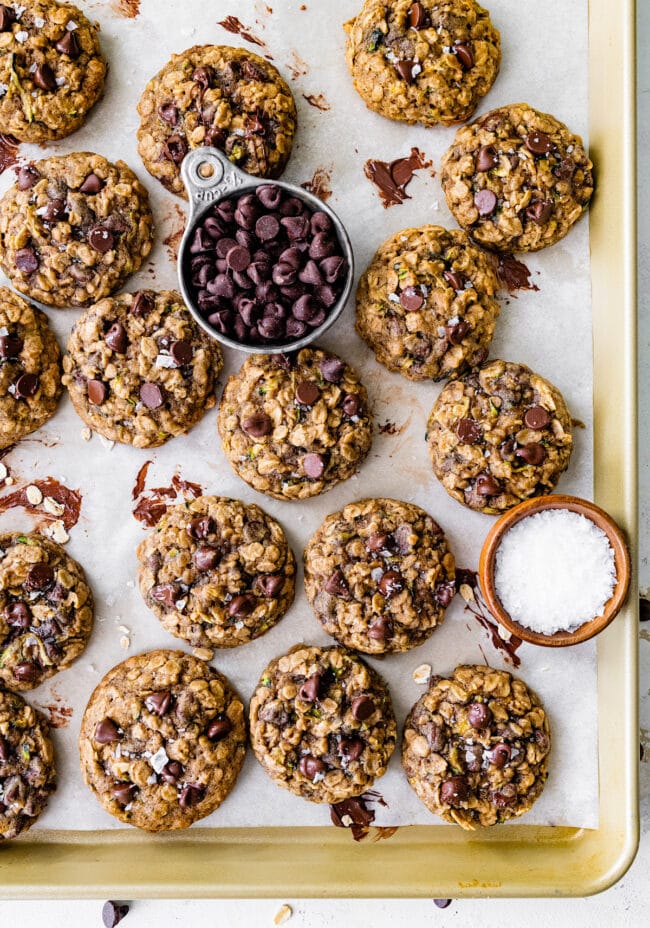 zucchini oatmeal chocolate chip cookies on baking sheet.