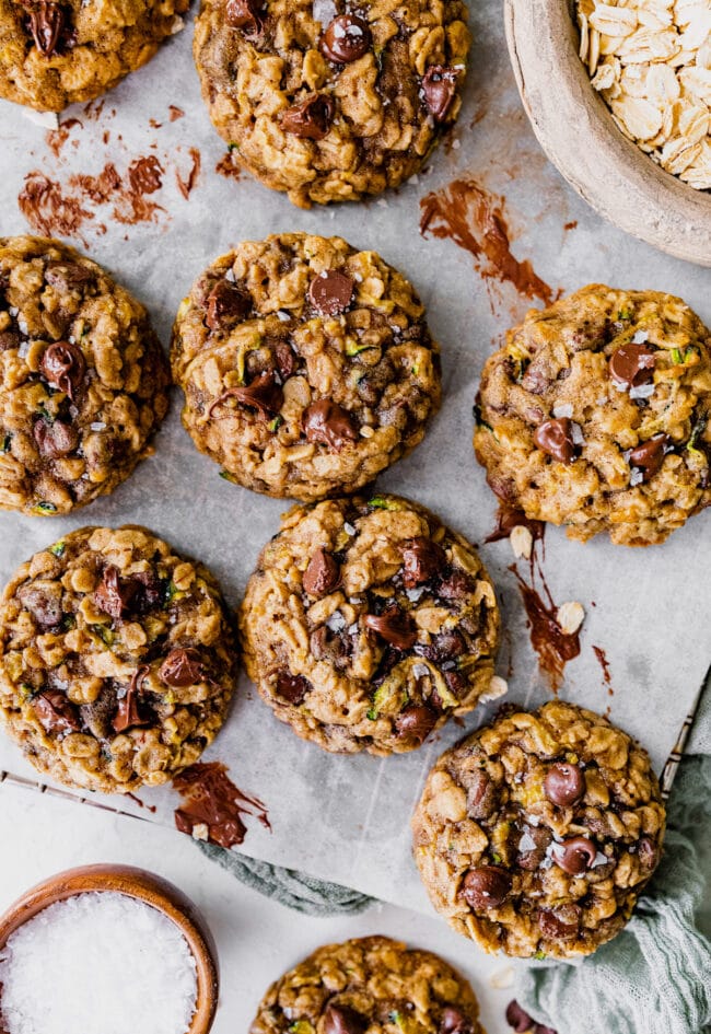 brown butter zucchini oatmeal chocolate chip cookies on cooling rack.