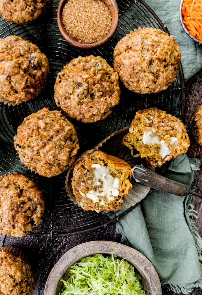 zucchini carrot muffins on baking rack.