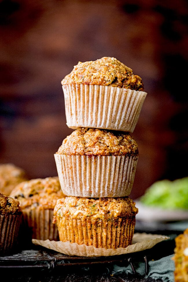 stack of zucchini carrot muffins.