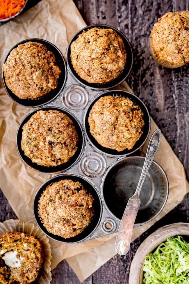 zucchini carrot muffins in muffin tin. 