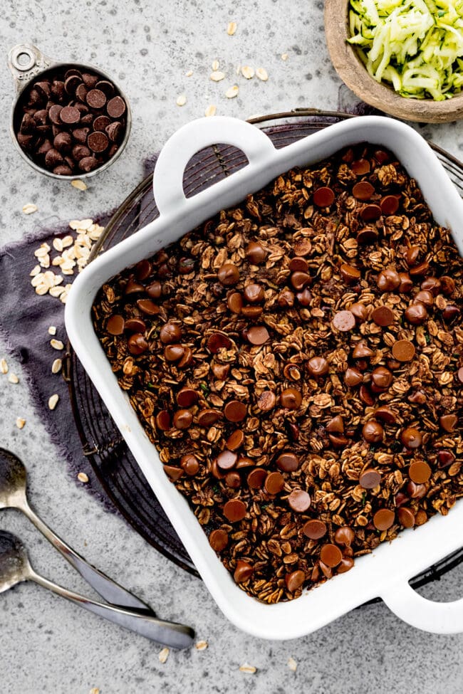 chocolate zucchini baked oatmeal in pan on cooling rack.