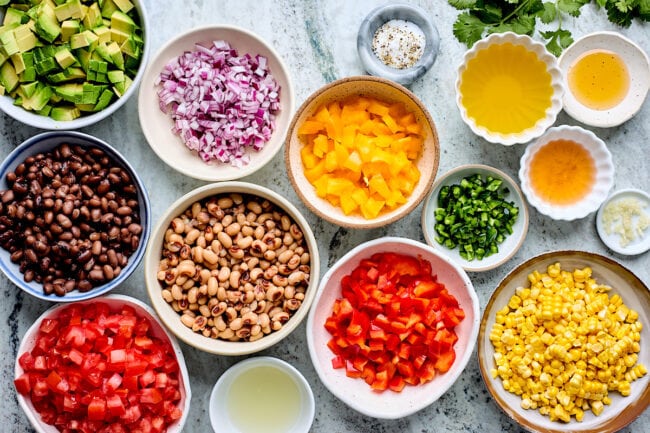 ingredients in bowls for cowboy caviar.