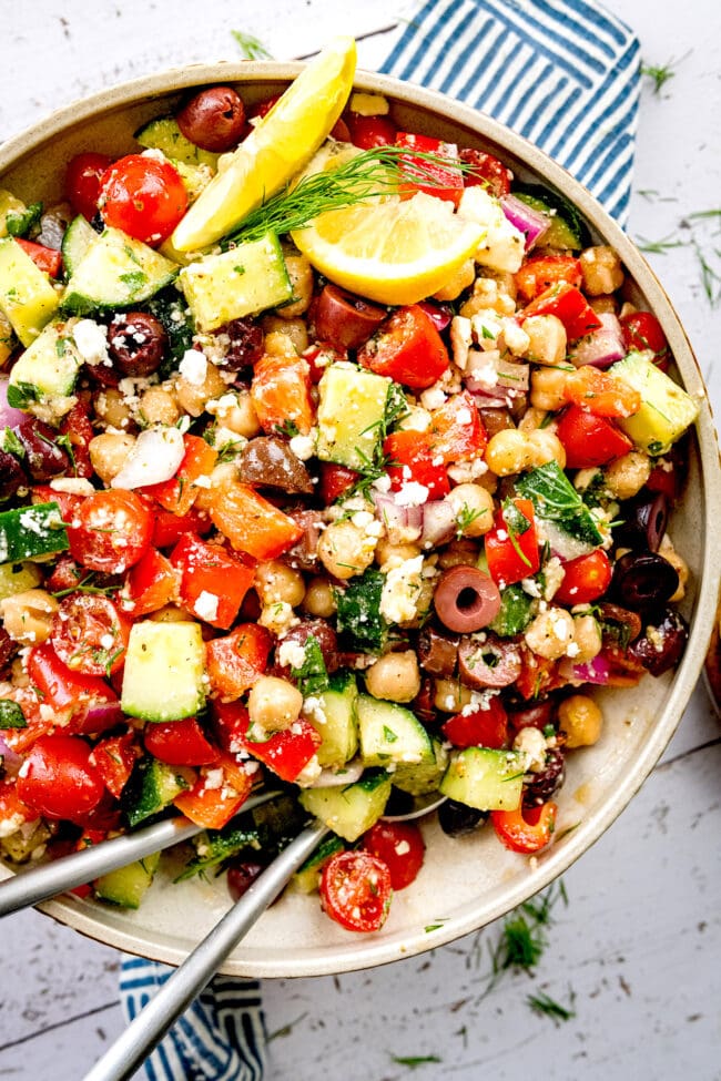 Greek chickpea salad in serving bowl.