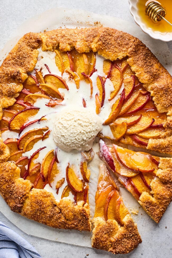 peach galette with vanilla ice cream.