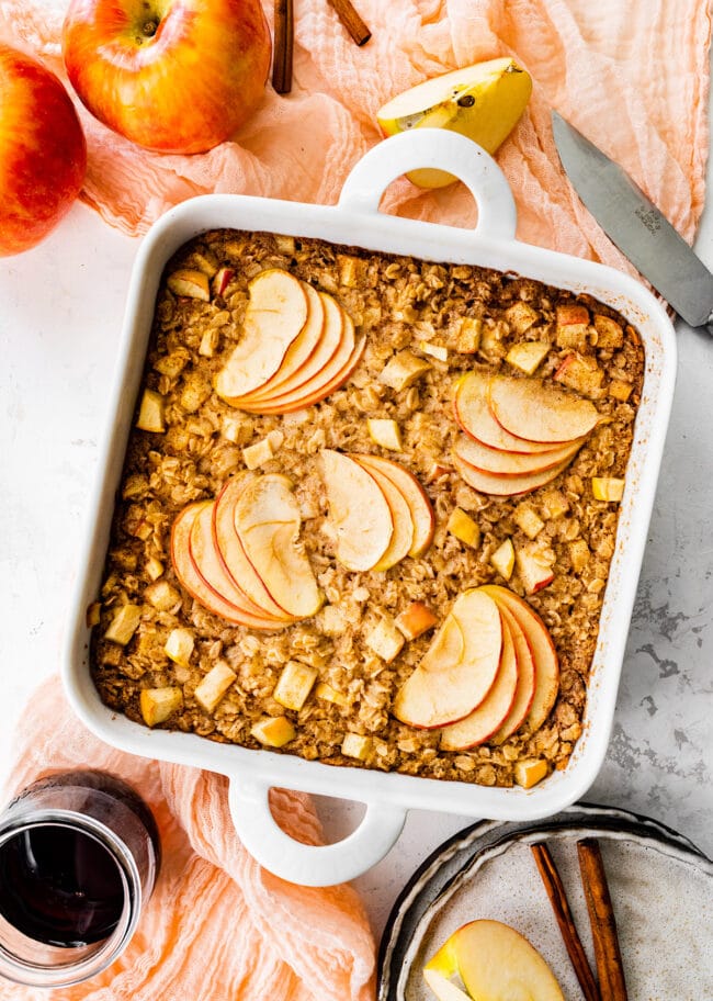 apple cinnamon baked oatmeal in pan.