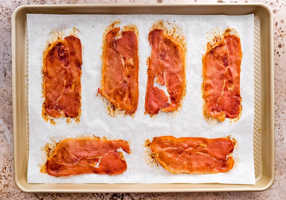 crispy prosciutto on a baking sheet with parchment paper. 