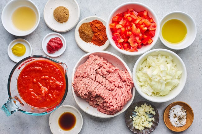 sloppy joe ingredients in bowls. 