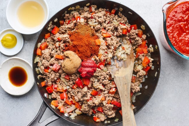 sloppy joe ingredients in skillet. 