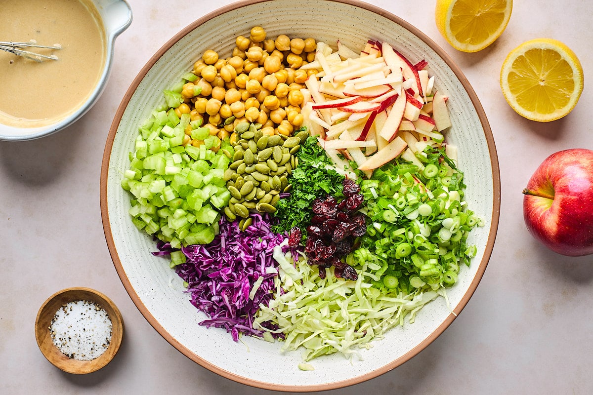 apple slaw ingredients in large bowl. 