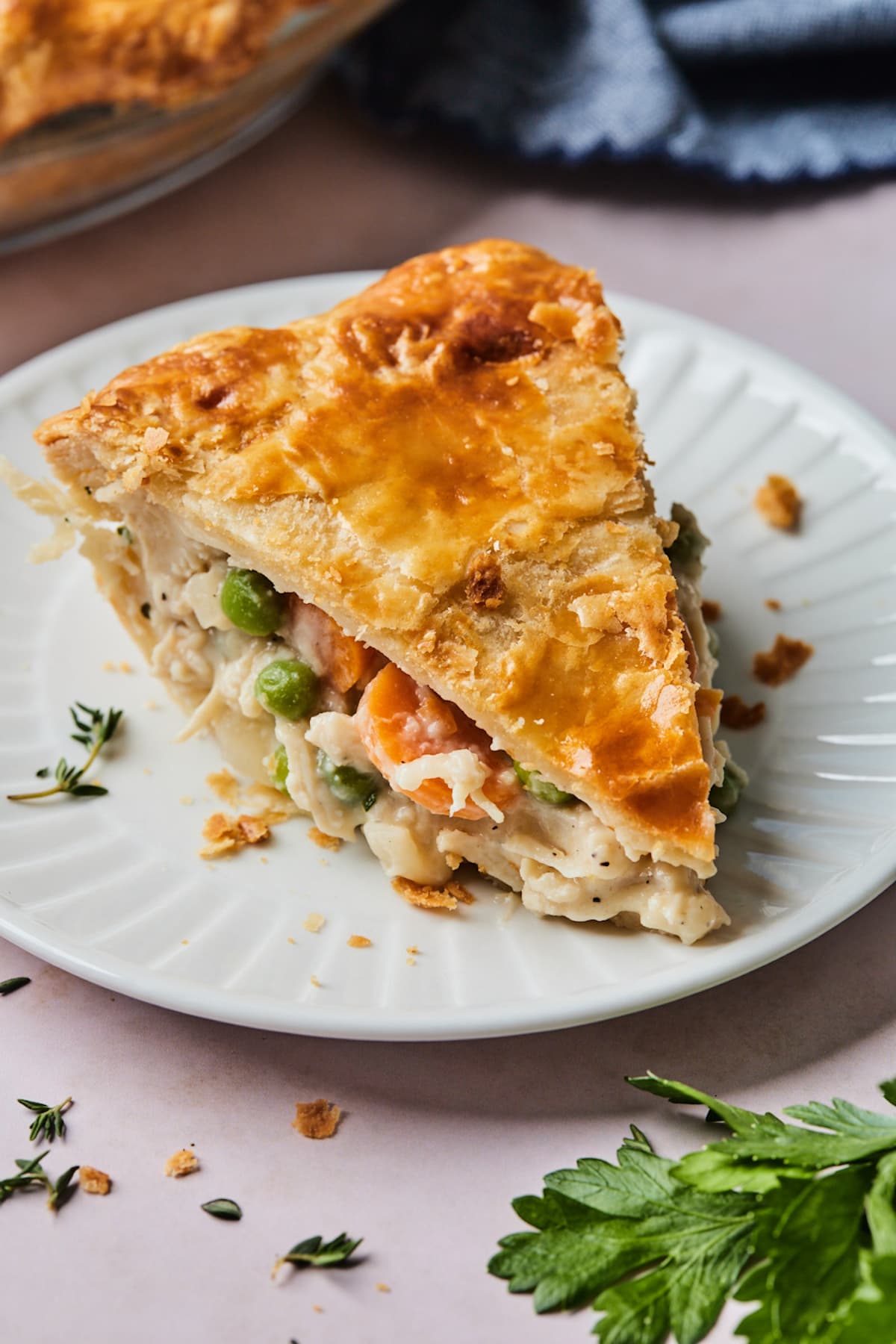 slice of chicken pot pie on plate.