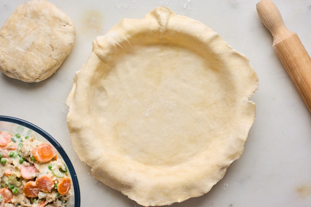 pie crust in pie pan ready for chicken pot pie filling.