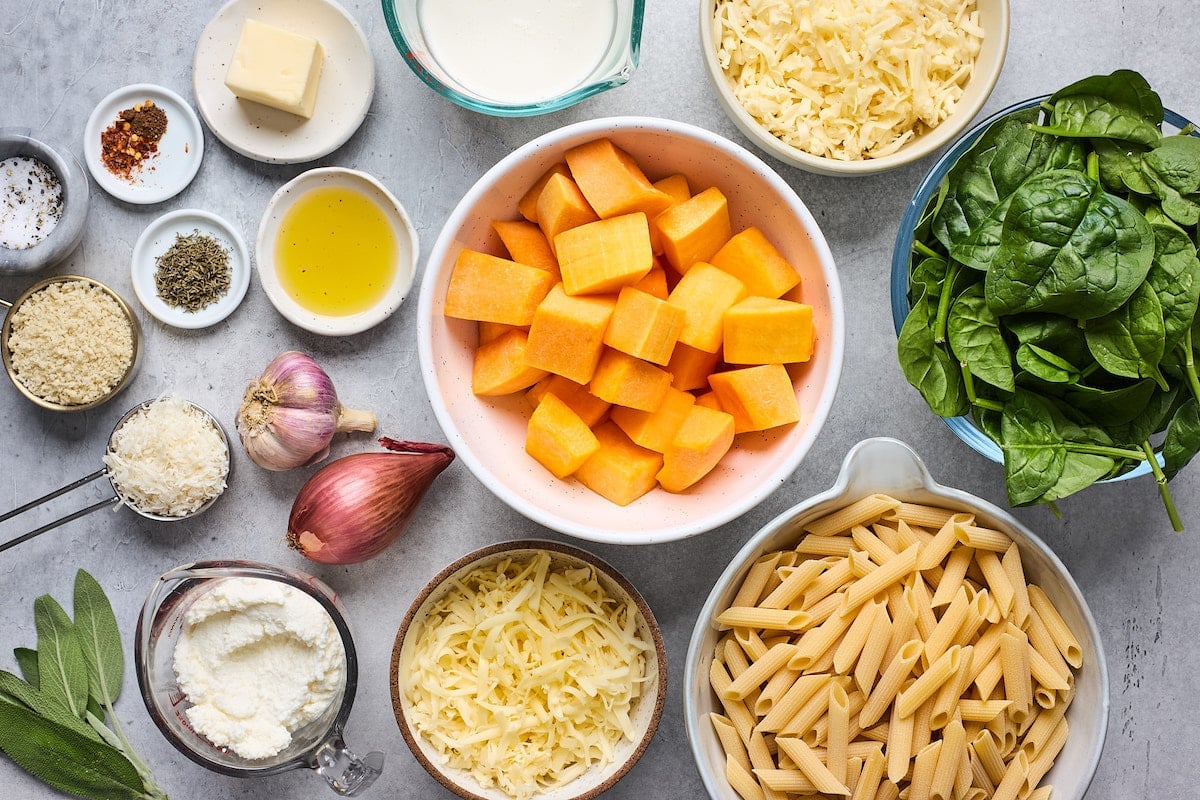 butternut squash baked ziti ingredients in bowls. 