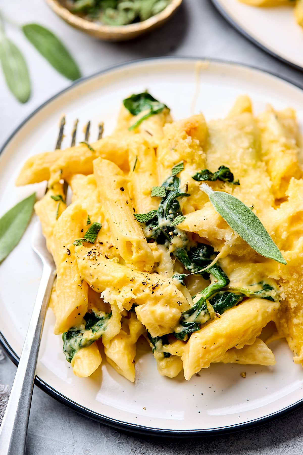 butternut squash baked ziti with fresh sage on plate with fork.