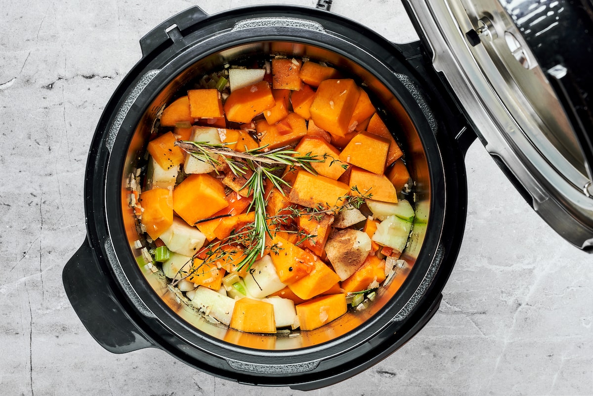 butternut squash soup ingredients in Instant Pot. 