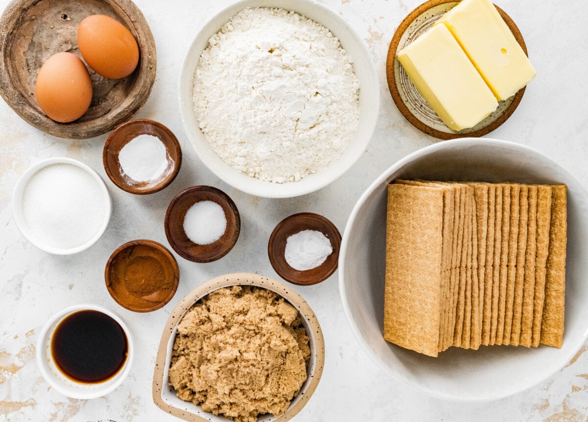 graham cracker cookie ingredients in bowls. 