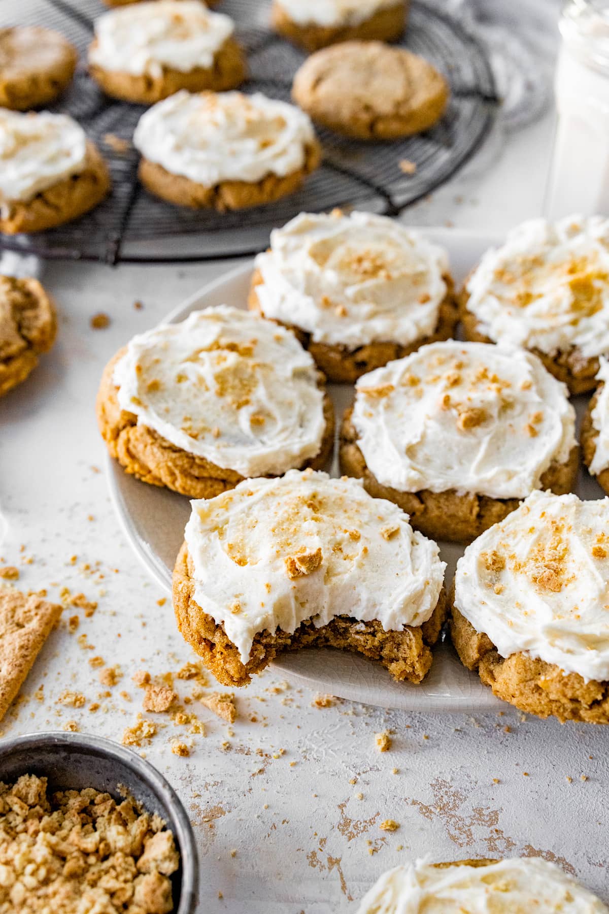 graham cracker cookies with frosting on plate. 