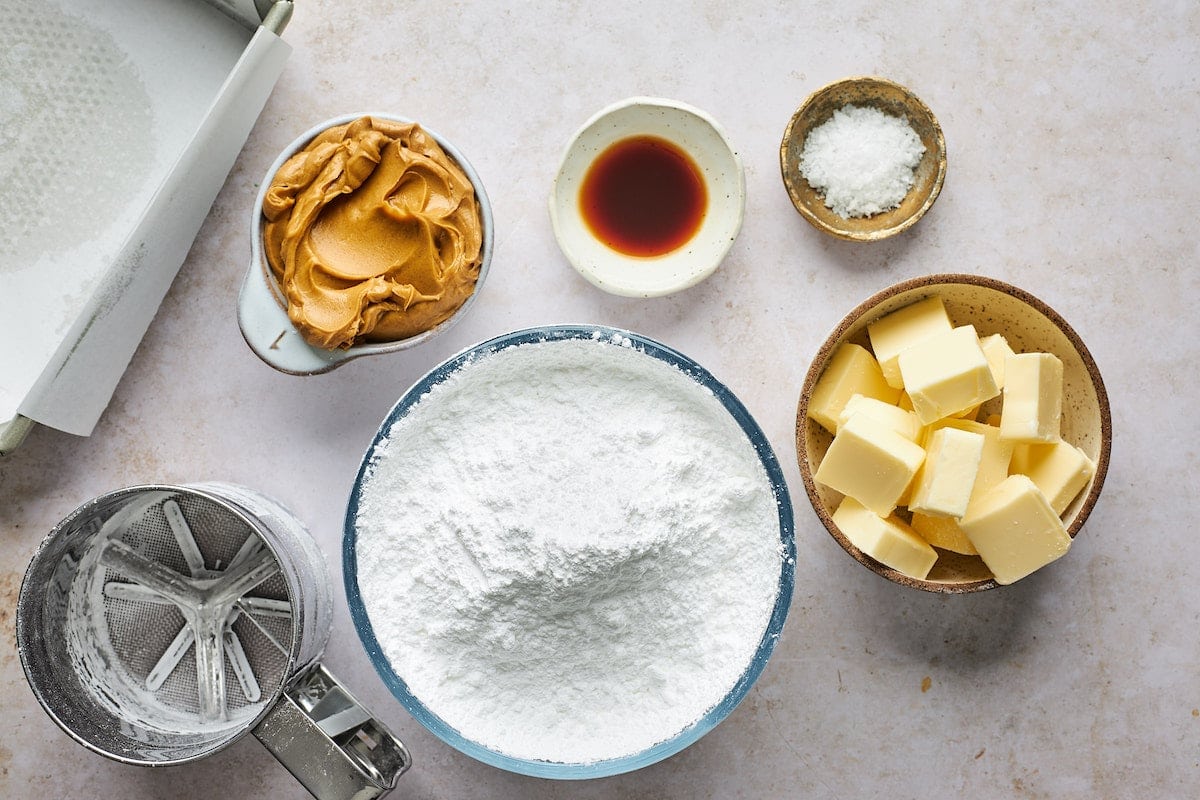 peanut butter fudge ingredients in bowls. 