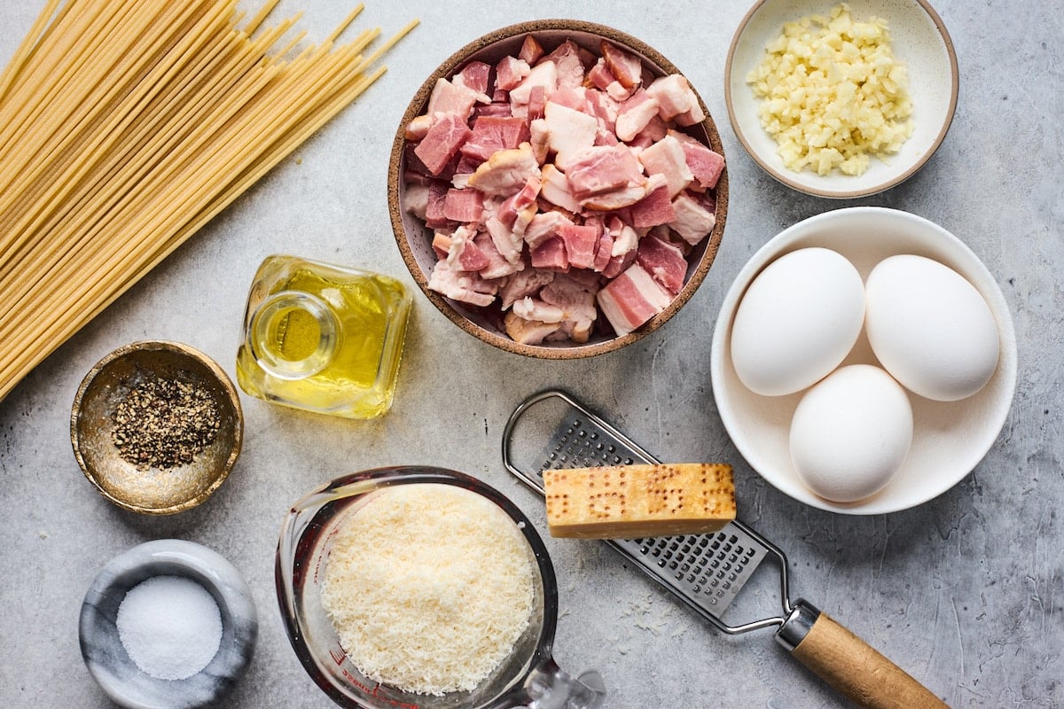 spaghetti carbonara ingredients.