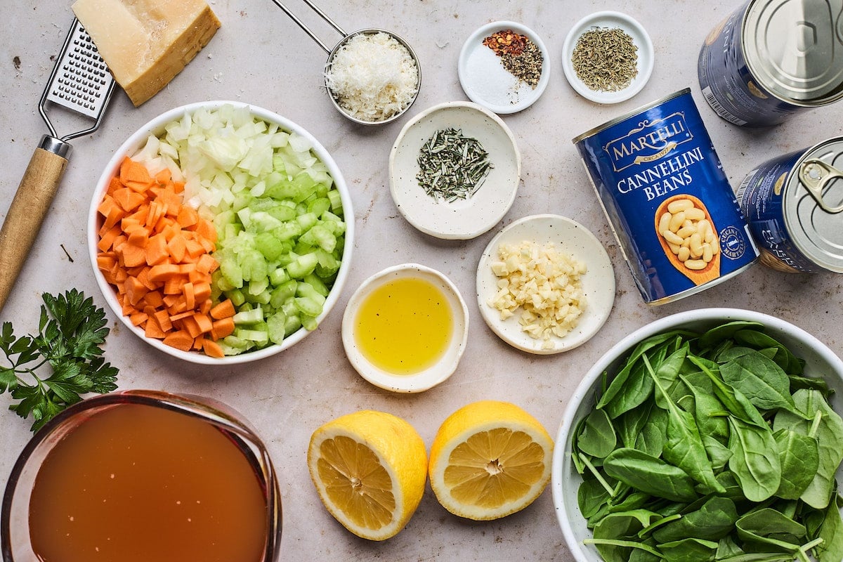 white bean soup ingredients in bowls. 