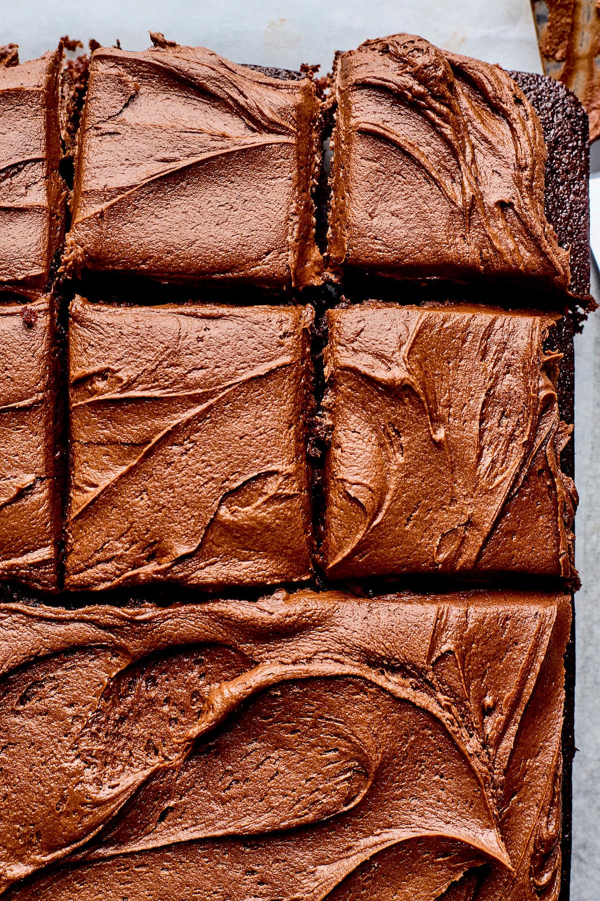 chocolate cake with chocolate frosting cut into squares. 