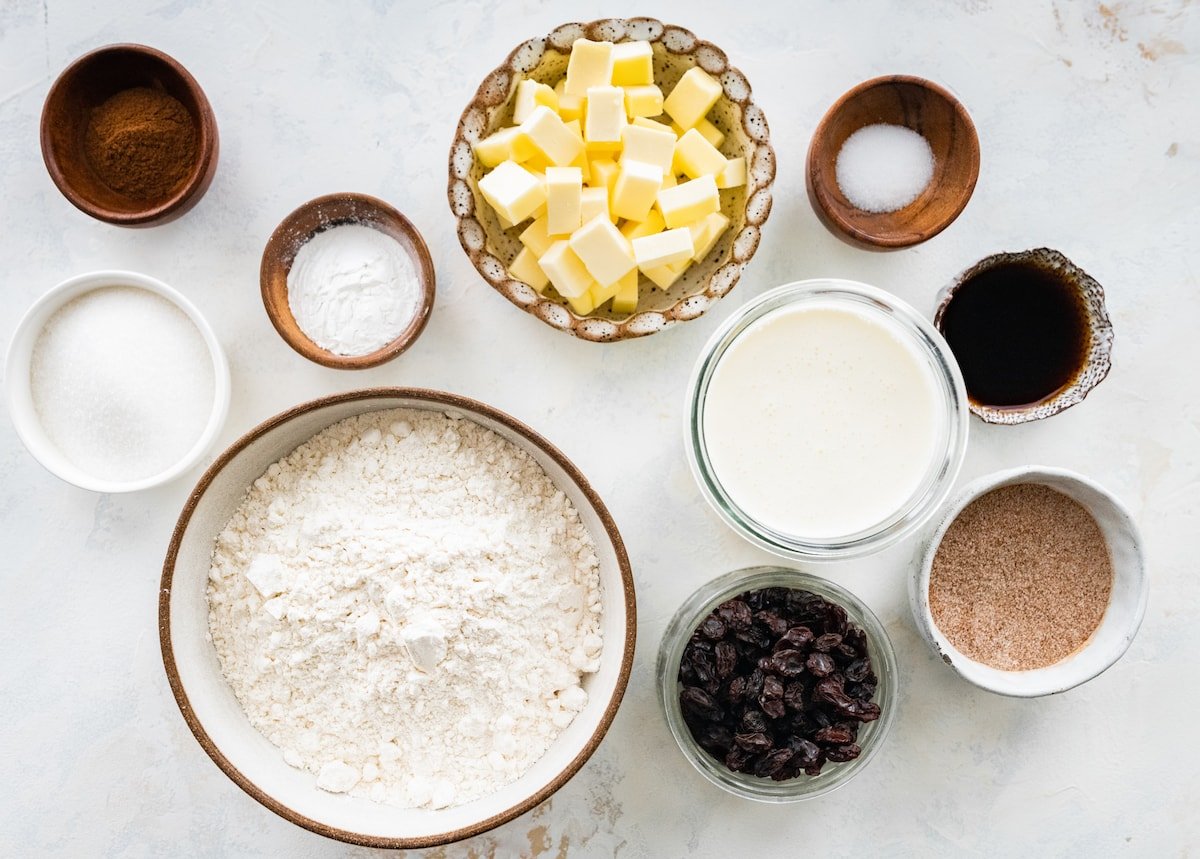 cinnamon raisin scone ingredients in bowls. 