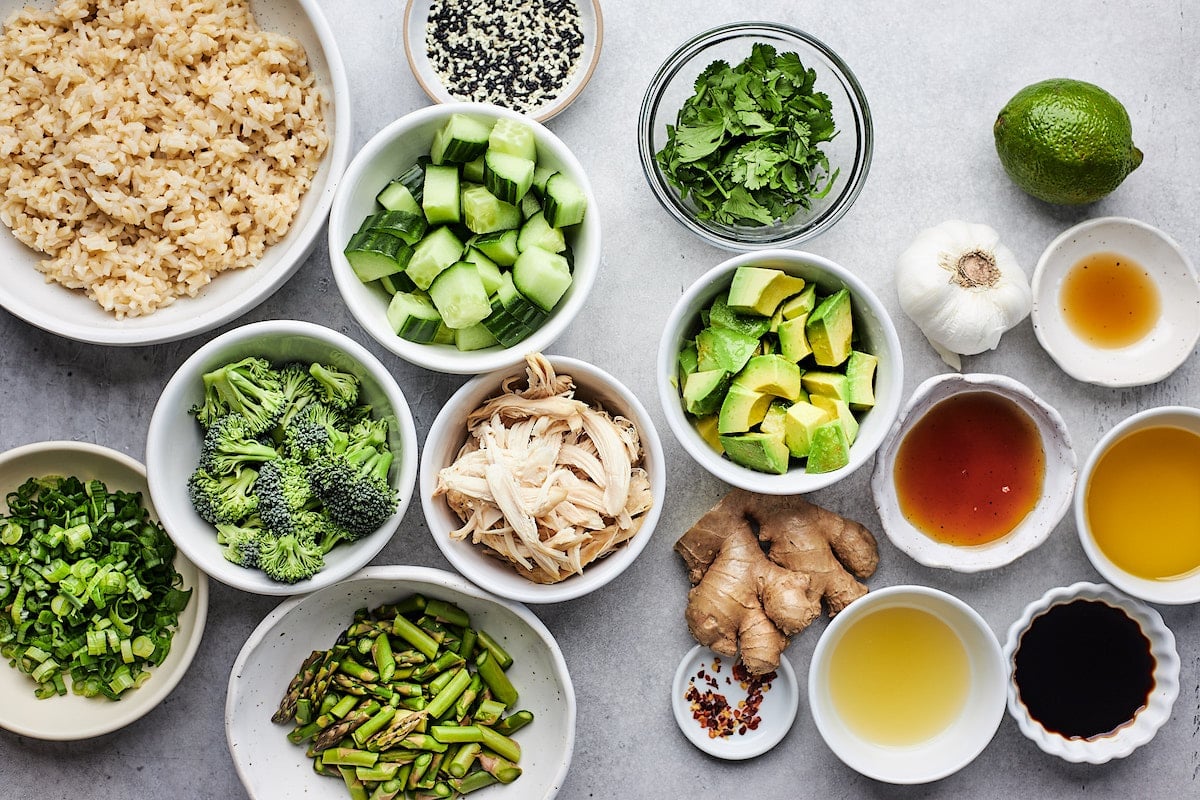 sesame ginger rice salad ingredients in bowls. 