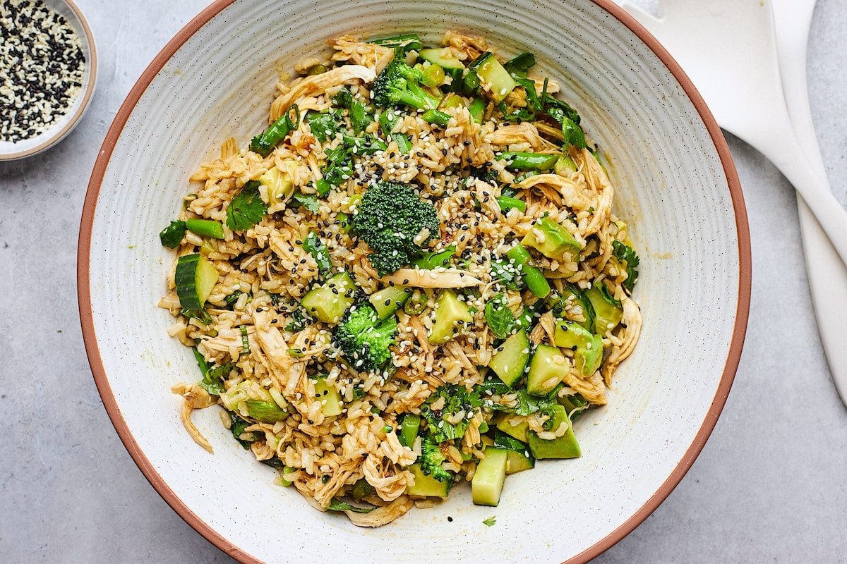 sesame ginger rice salad in large bowl. 