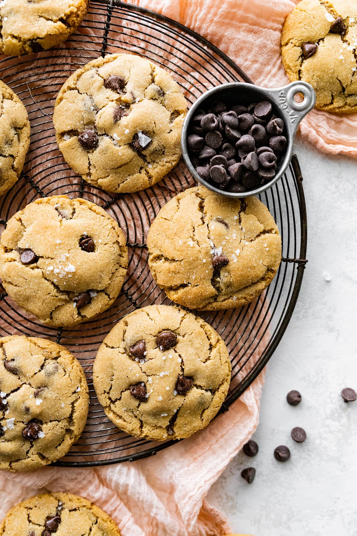 peanut butter chocolate chip cookies on cooling rack with chocolate chips. 