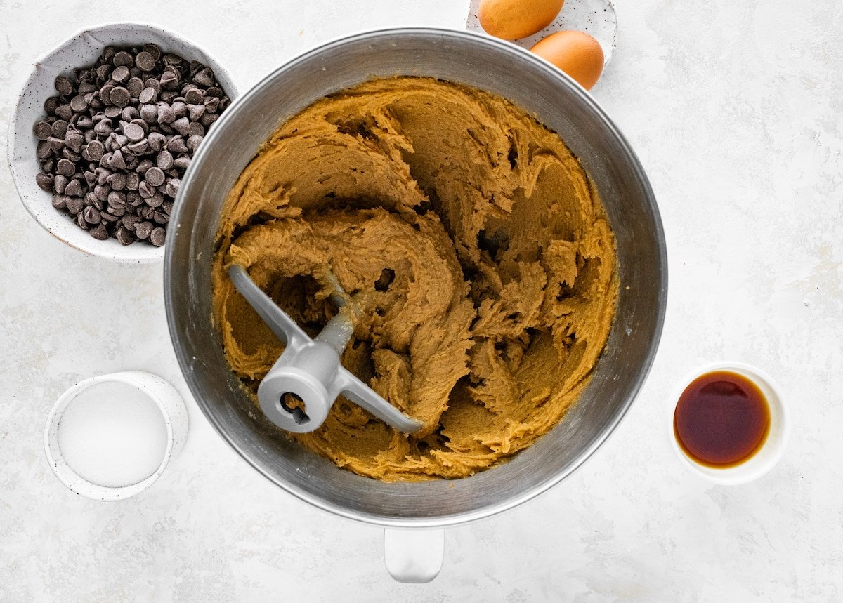 creamed butter, sugars, and peanut butter in mixing bowl with beater blade.