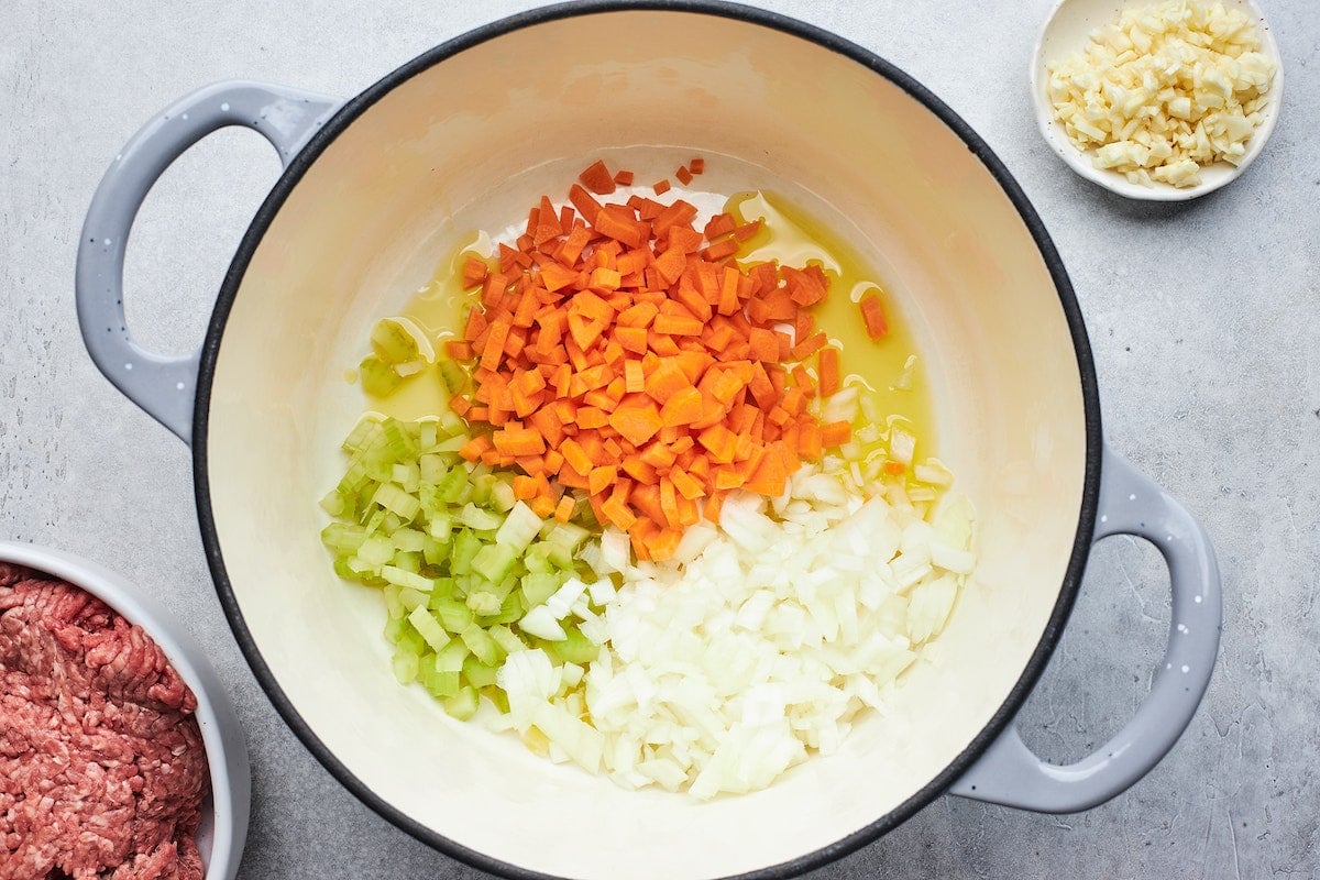 onion, celery, and carrot cooking in olive oil in a big pot. 