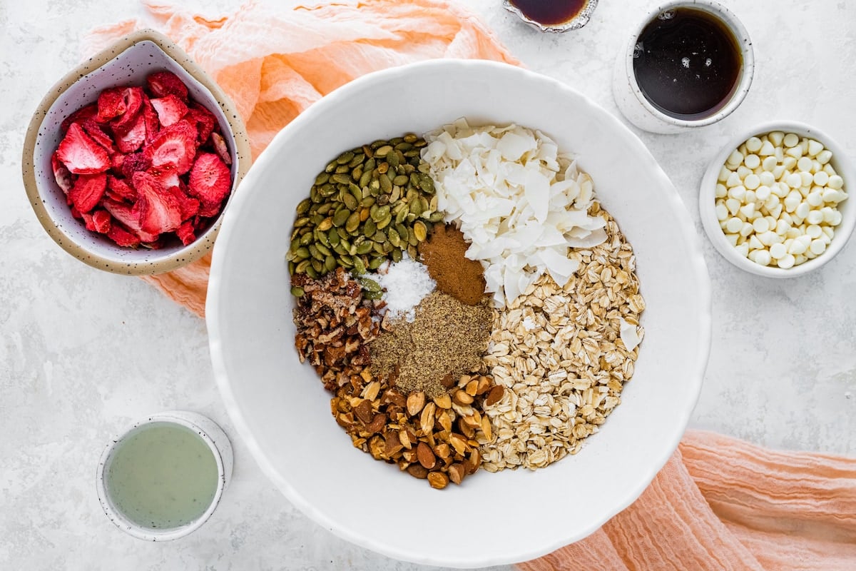 granola ingredients in large mixing bowl. 