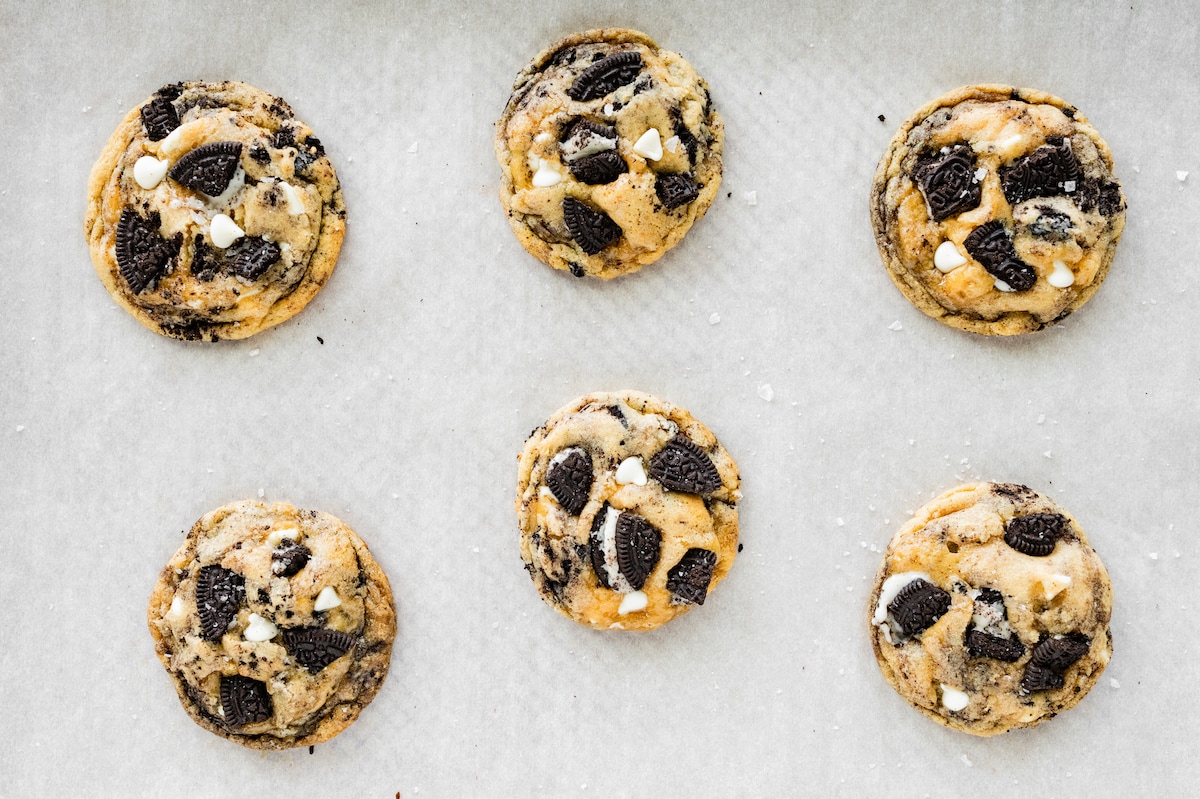 cookies and cream cookies on baking sheet with parchment paper. 