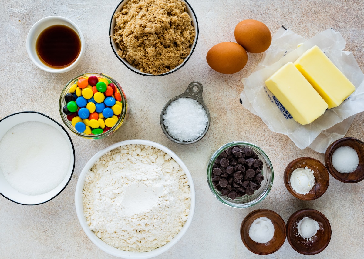 ingredients to make M&M cookie bars. 