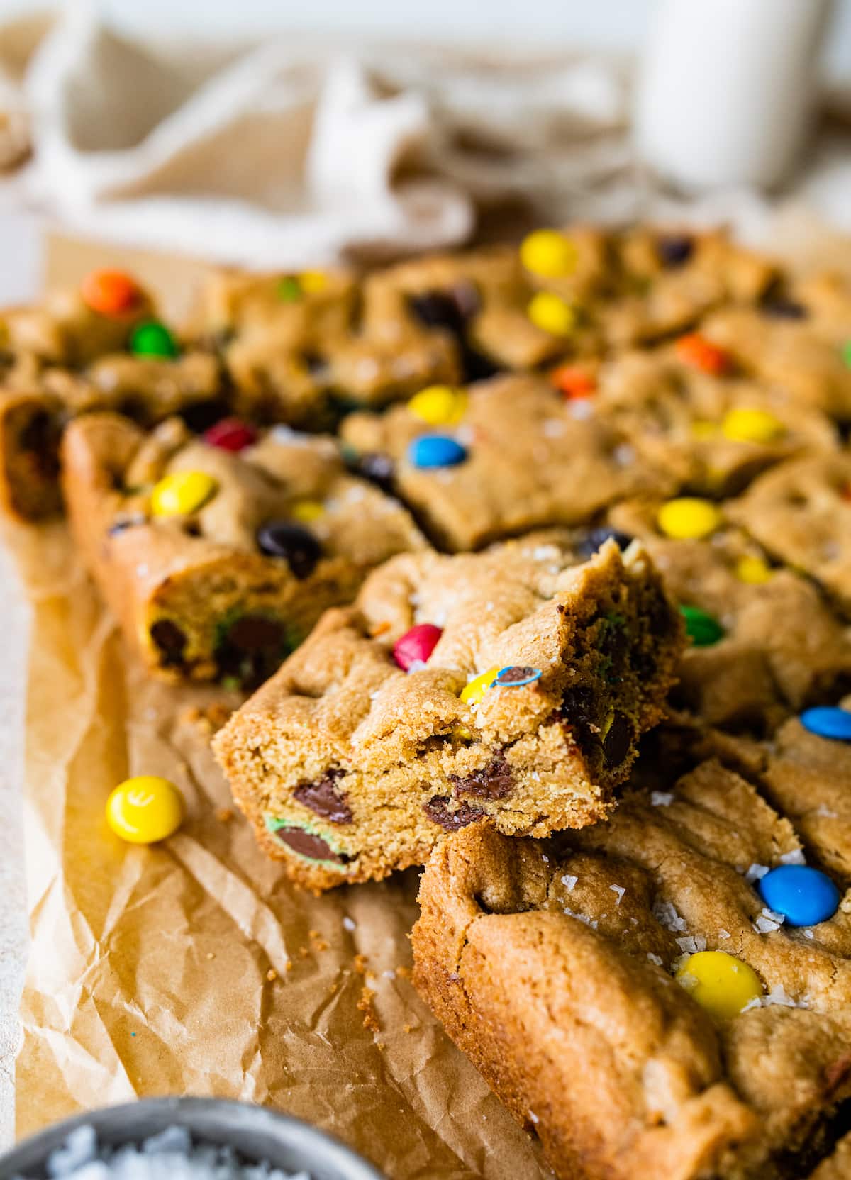 M&M Cookie Bars cut into squares. 