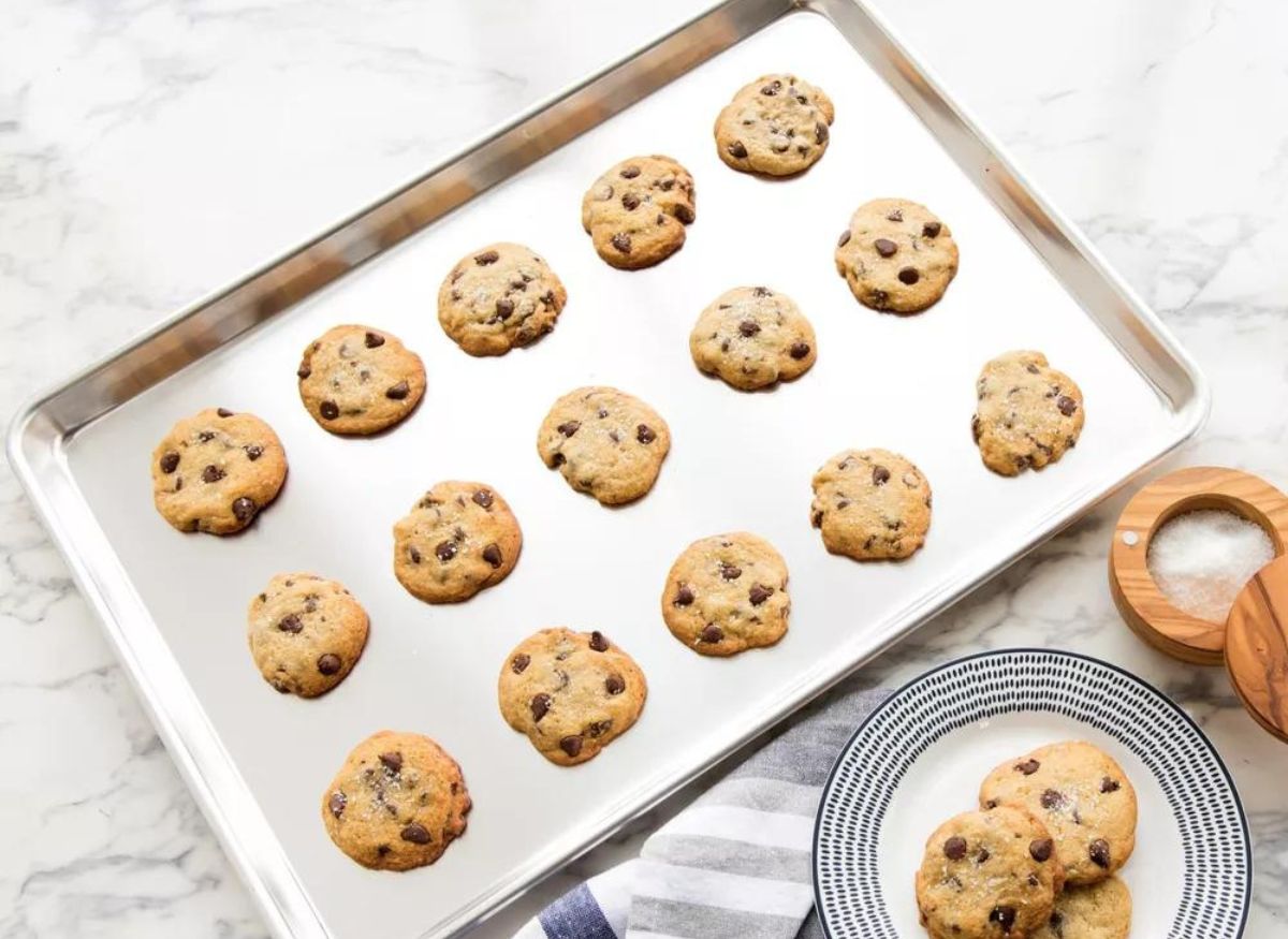 chocolate chip cookies on large cookie sheet. 