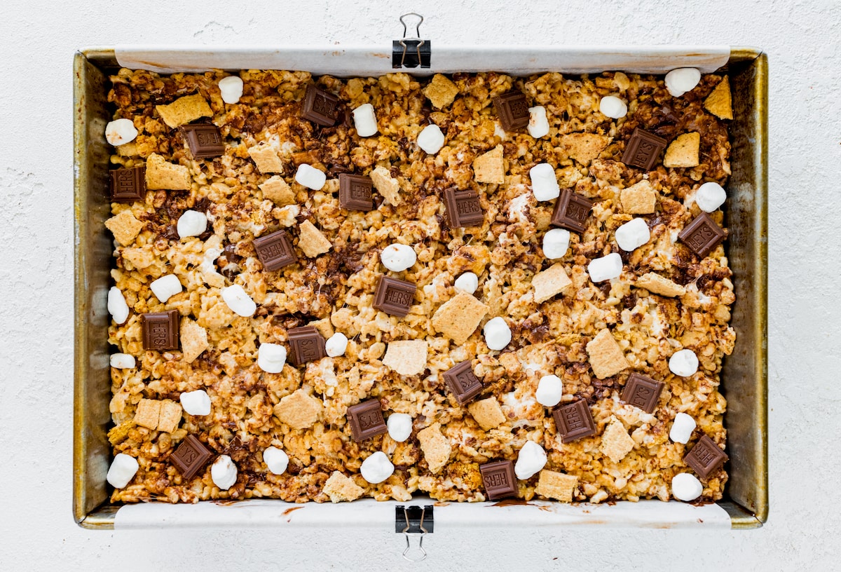 s'mores rice krispie treats in pan. 