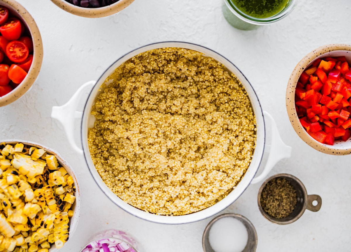 cooked quinoa in large white pot.
