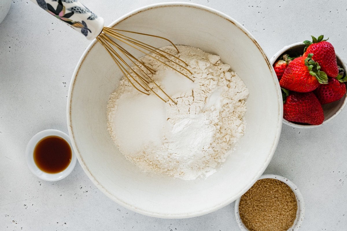 flour, baking powder, baking soda, and salt in mixing bowl with whisk. 