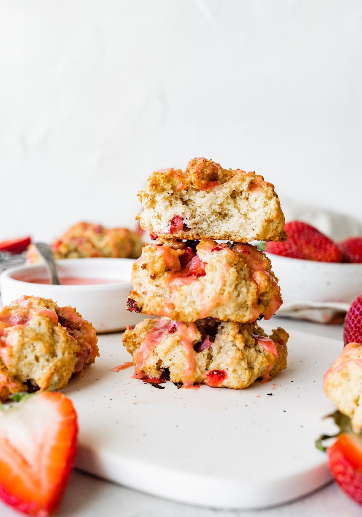 stack of strawberry biscuits with fresh strawberry glaze. 