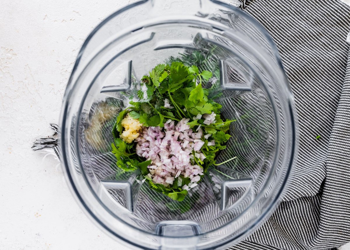 cilantro lime vinaigrette ingredients in blender. 