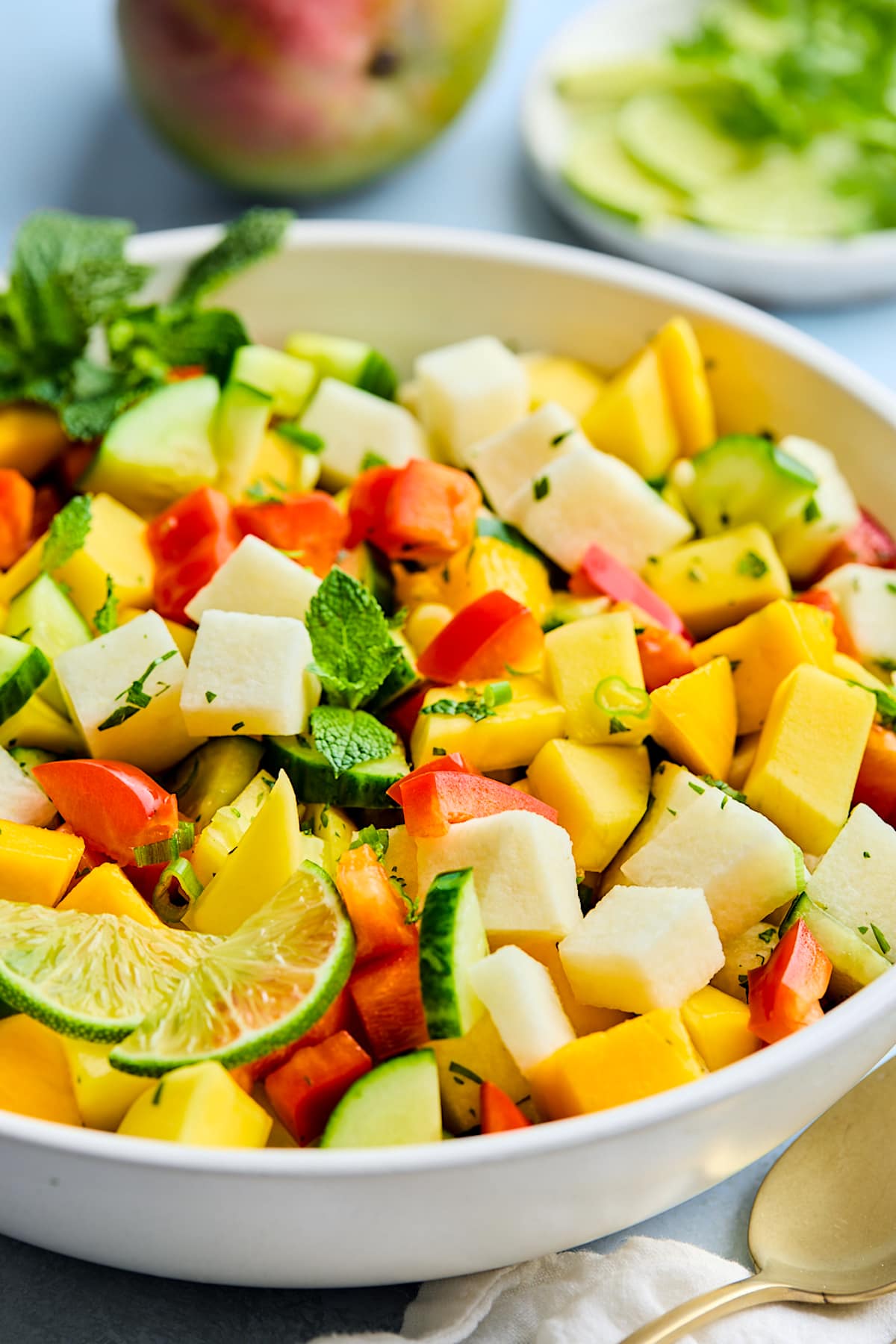 mango salad with fresh mint and lime in bowl. 