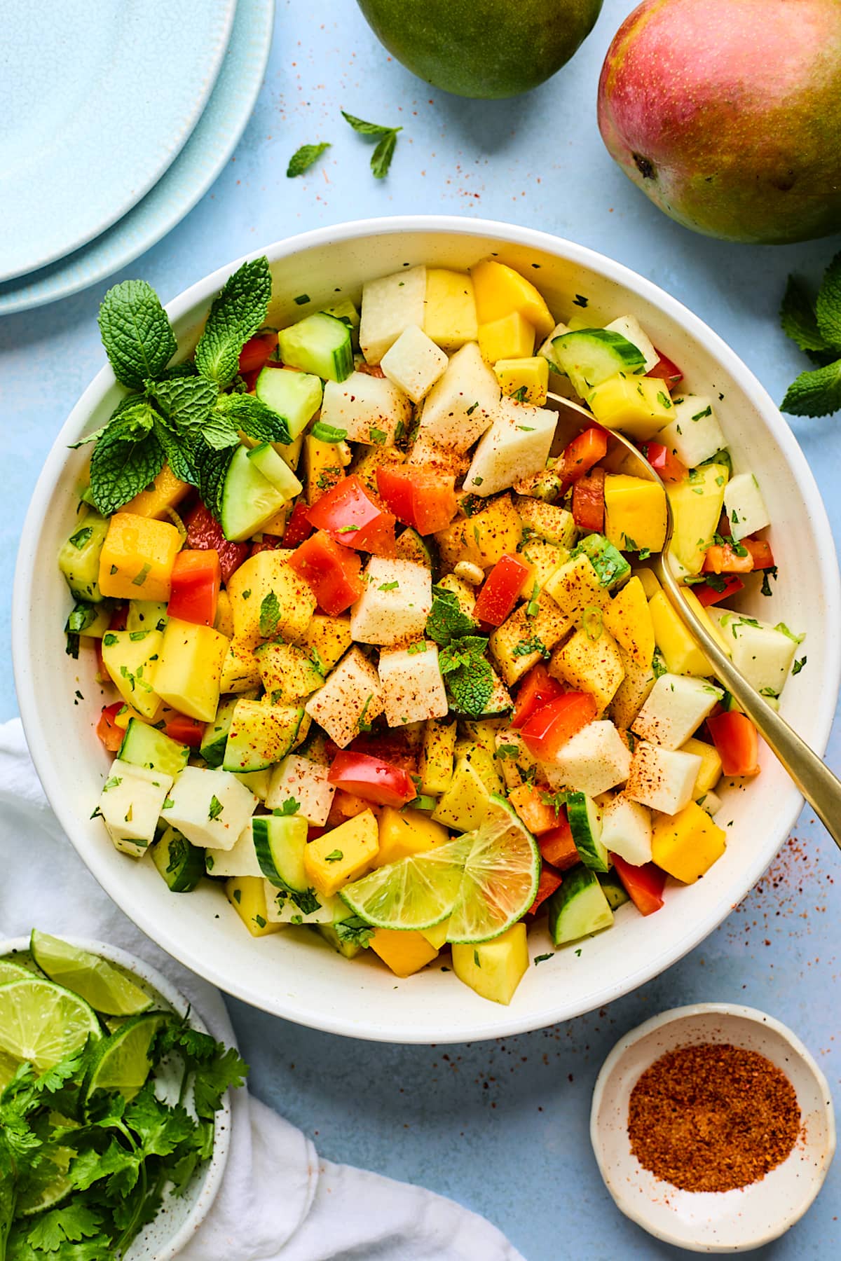 mango salad with jicama, cucumber, red pepper, green onion, mint, cilantro, and Tajin in serving bowl with spoon. 
