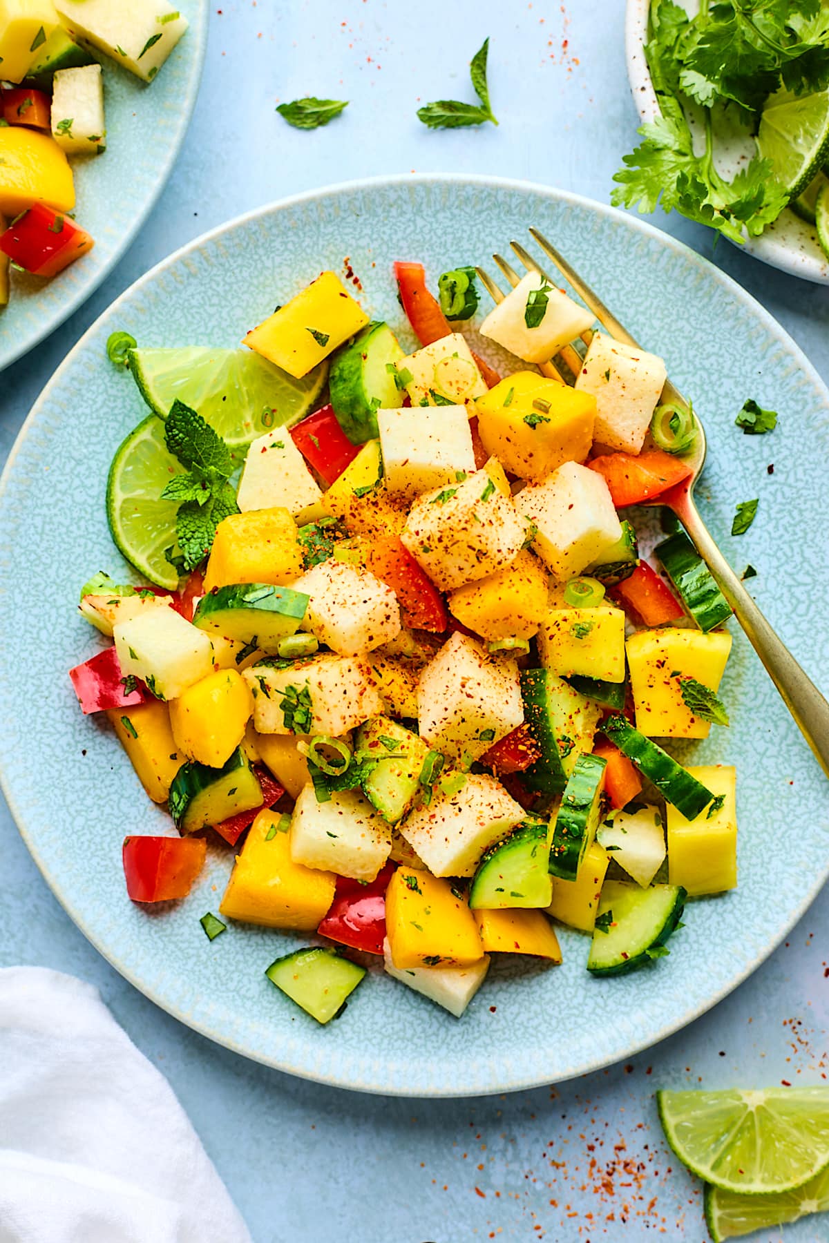 mango salad with jicama, cucumber, red pepper, cilantro, mint, and lime on blue plate with fork. 