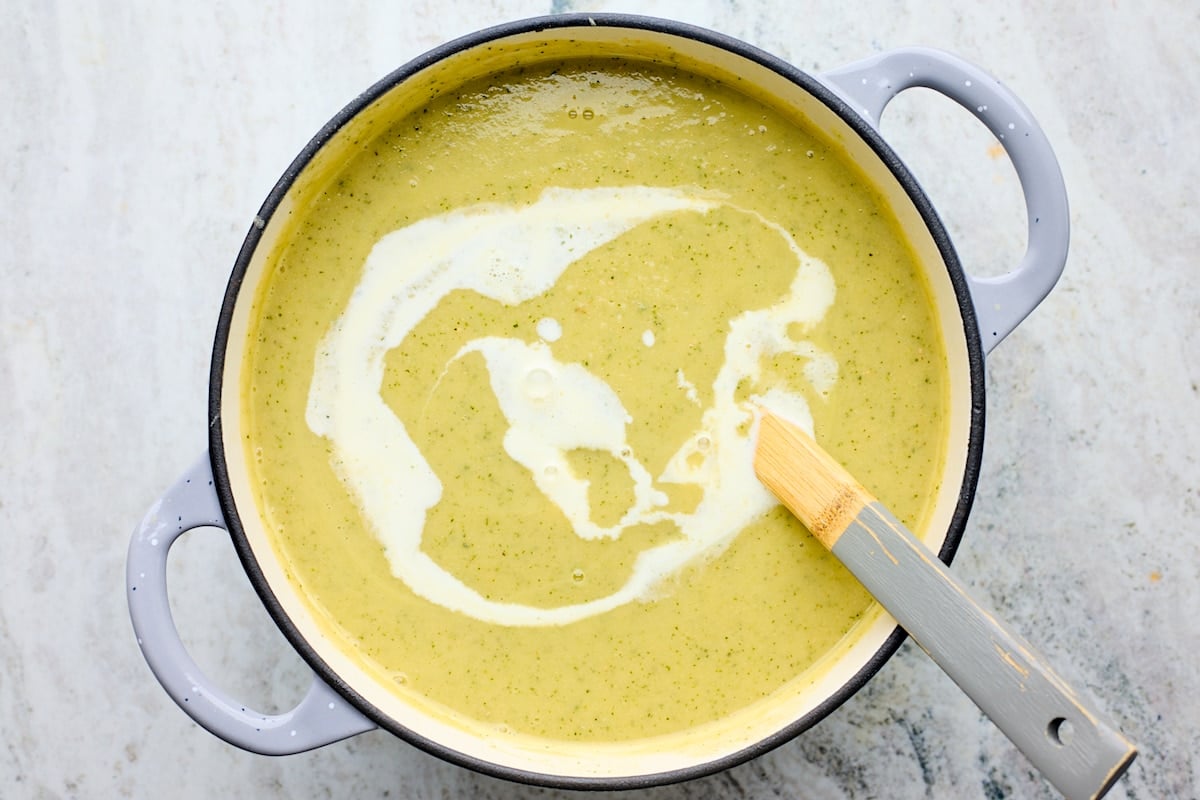 potato leek soup in pot. 