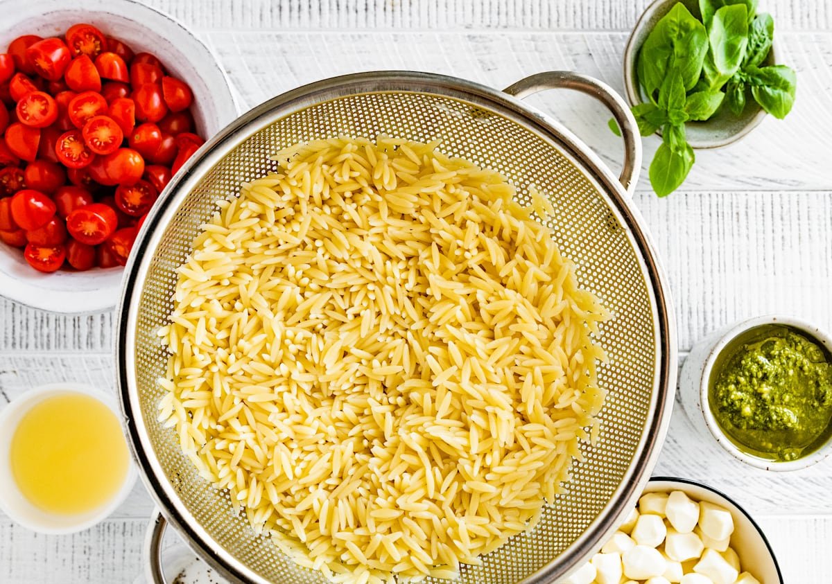 orzo in colander. 