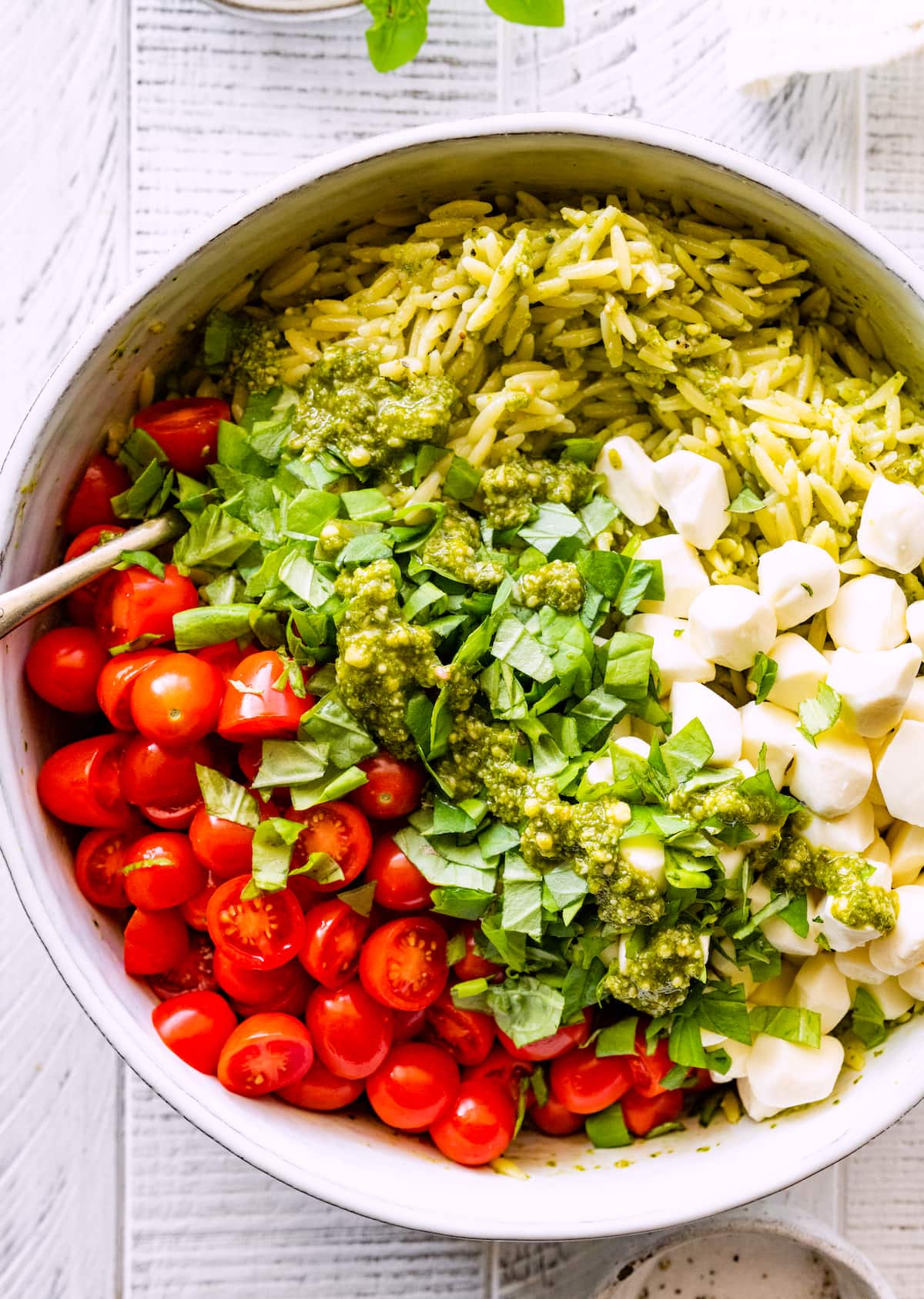 orzo, pesto, fresh mozzarella, tomatoes, and basil in large serving bowl. 