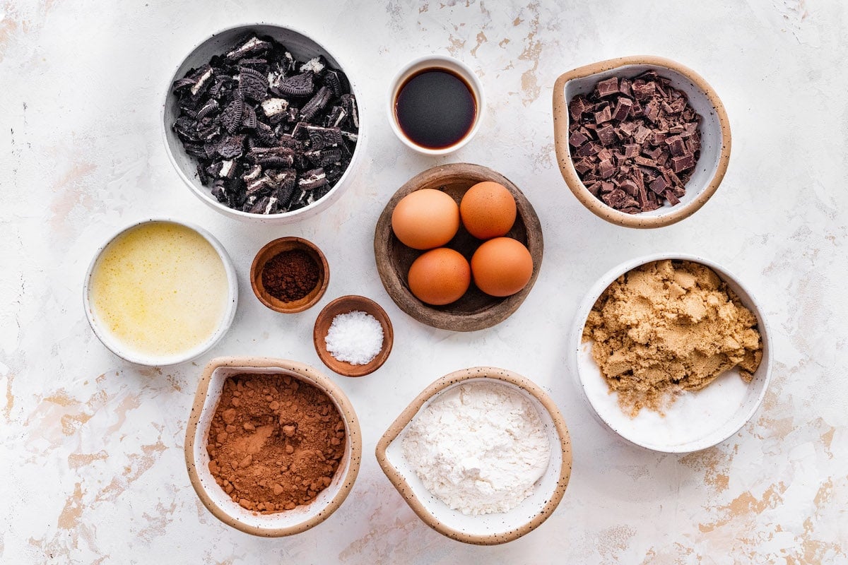 ingredients to make Oreo brownies in bowls. 