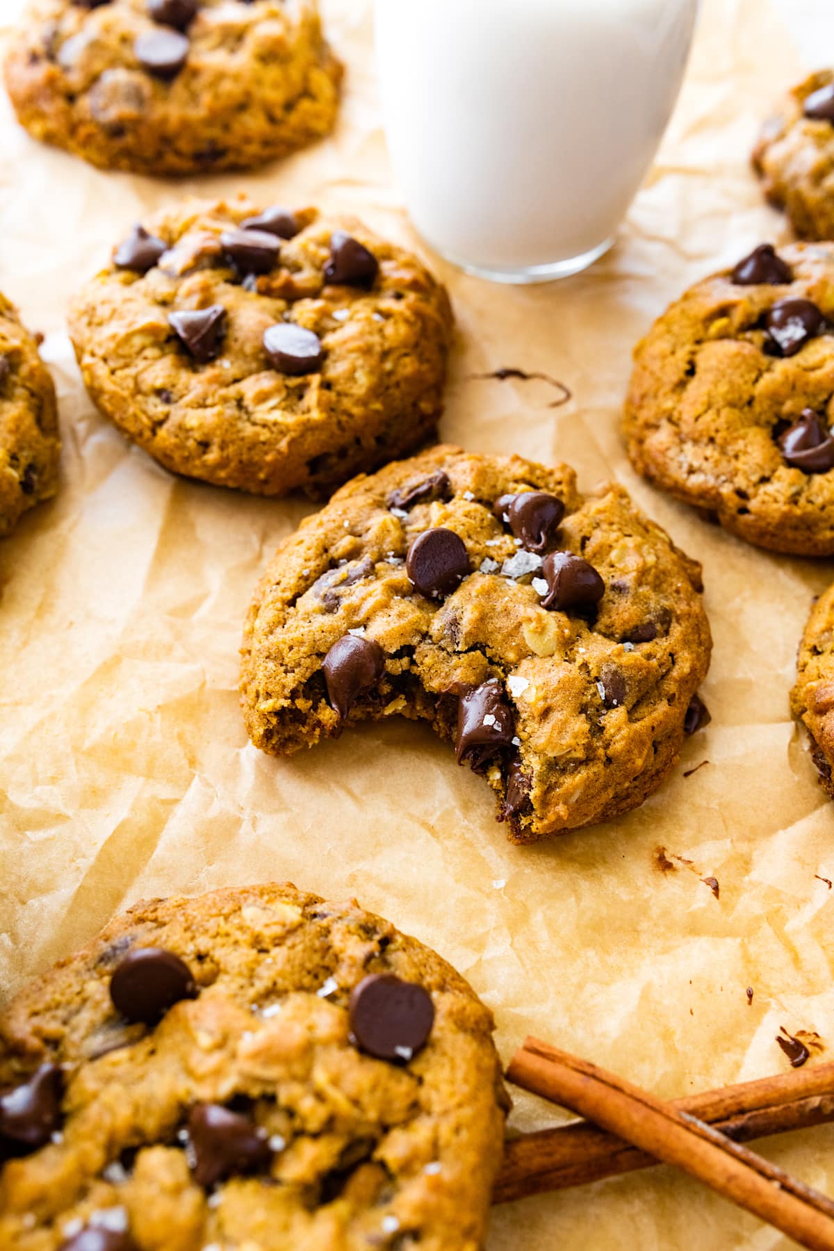 bite out of pumpkin oatmeal chocolate chip cookies. 