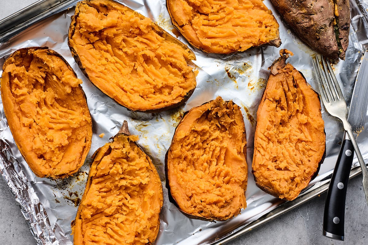 baked sweet potatoes cut in half and the insides smashed with a fork. 